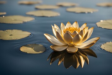 A shimmering gold lotus flower floating on a serene reflective water surface, AI Generated