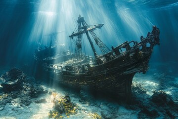 Fototapeta premium A hauntingly beautiful shipwreck lies on the ocean floor. Rays of sunlight penetrate the water. Explore the mystery and adventure beneath the waves. Generative AI