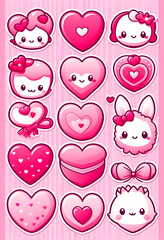 Fototapeta premium Images of Valentine's stickers and icons for decoration or graphics elements. Pink theme for the coming festival
