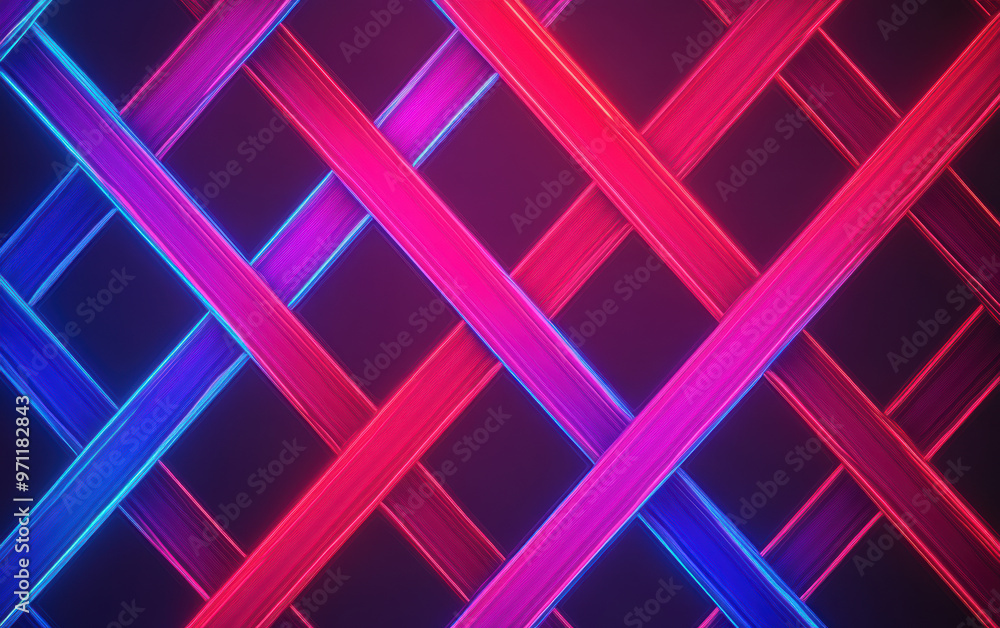 Poster abstract neon light pattern with intersecting lines in vibrant red and blue hues, creating a futuris