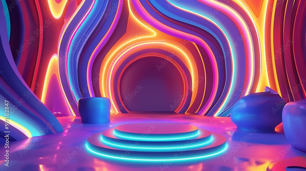 Poster ai generative 3d podium with a psychedelic background, featuring swirling neon patterns and vibrant,