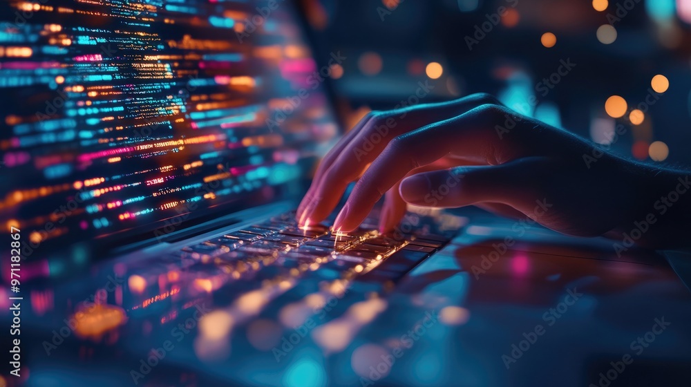 Wall mural a hand typing on a laptop keyboard with colorful code on the screen.