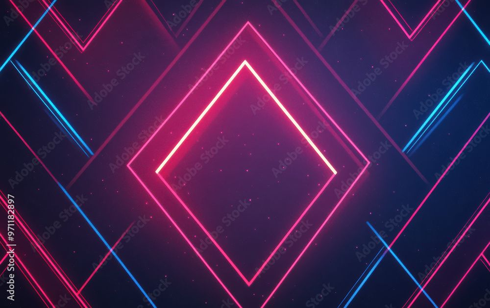 Poster abstract neon geometric pattern with vibrant pink and blue illuminated lines on a dark background, c