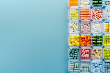 A row of pill containers with different colors and shapes