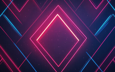 Obraz premium Abstract neon geometric pattern with vibrant pink and blue illuminated lines on a dark background, creating a futuristic and digital art effect.
