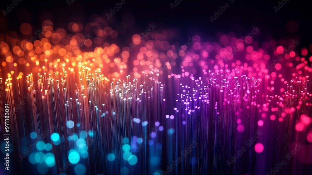 Poster a colorful array of fiber-optic cables, glowing with vibrant colors against the dark background, sym