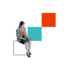 Woman working on laptop, surrounded by geometric blocks. Building careers through learning and digital tools. Contemporary art collage. Concept of apprenticeship, business, education