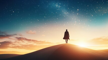 Fototapeta premium A silhouette of a person walking across a desert landscape, with hand drawn details of sand dunes and stars, symbolizing the journey into the unknown.