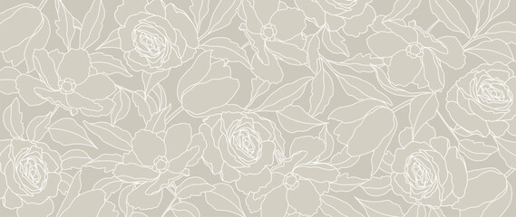 Neutral background with elegant hand drawn pattern of flowers in line art style in beige colors. Vector design for wall poster, wedding invitation, packaging, card, cover, banner, print, wallpaper