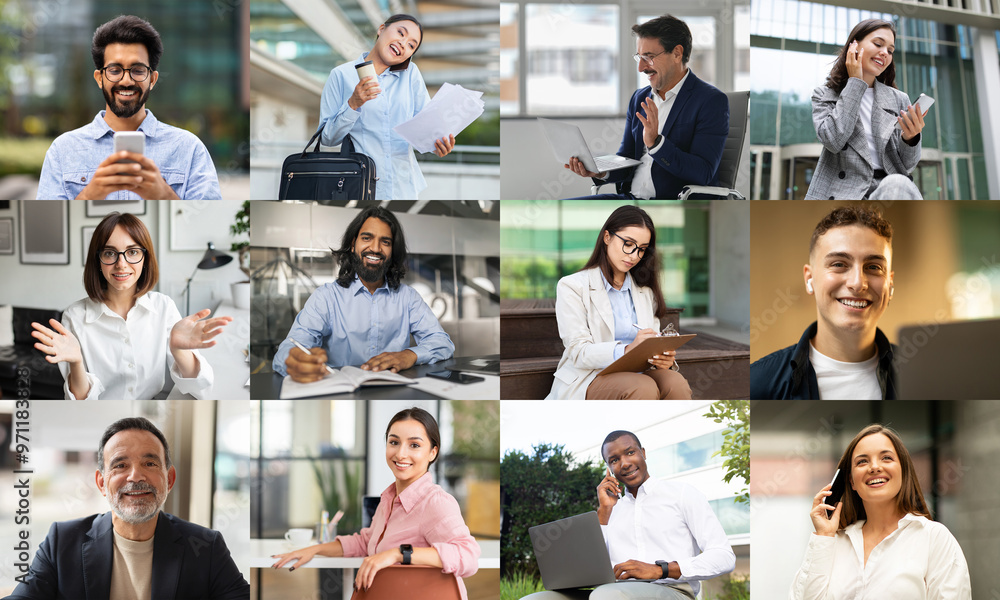 Poster a diverse group of professionals is actively participating in various virtual meetings within modern