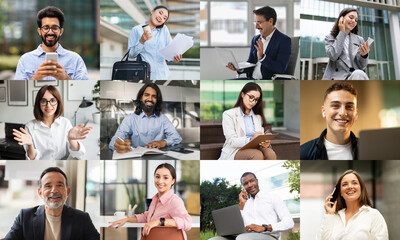 A diverse group of professionals is actively participating in various virtual meetings within modern office environments. From smiling faces to engaged expressions, individuals showcase their focus