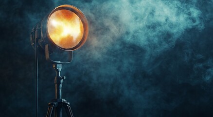 Vintage Spotlight with Smoke on Black Background, Old Movie Theater Light on Tripod. AI generated illustration