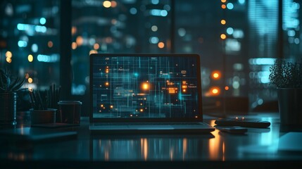 Fototapeta premium A laptop on the table with glowing digital icons and lines representing network connections, in an office setting at night
