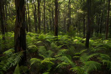 Fototapeta premium A lush green forest with a lot of ferns and trees