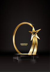 Gold podium with star vector illustration. Abstract golden award platform with glowing rays, glitter confetti sparkle rain falling from above background for product presentation.