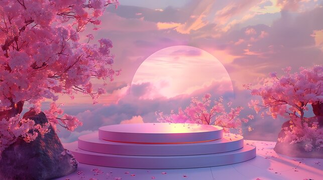 AI generative 3D podium with an anime-style background, set against a backdrop of vibrant pastel skies and cherry blossoms, blending a futuristic and fantastical feel.