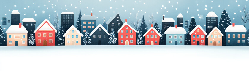 A charming winter village scene with colorful houses adorned in snow against a backdrop of trees and snowflakes. Ideal for holiday and seasonal themes.