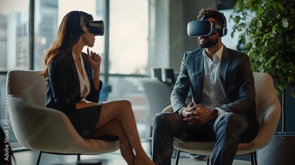 Poster manager conducting futuristic virtual reality interview for tech position