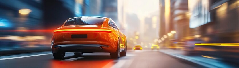 A sleek orange car speeds through a vibrant city street, lights blurred in motion, capturing a sense of urban energy and adventure.