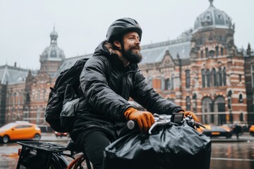 A bearded man rides a bicycle along a city street, surrounded by historic buildings. He wears a helmet and backpack amidst light traffic and pedestrians.
