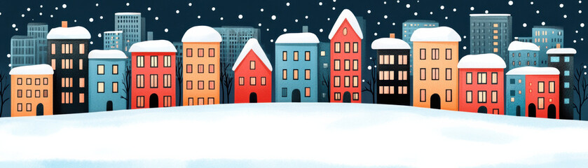 Fototapeta premium Colorful winter townscape with snow-covered houses, tall buildings, and falling snow at night. Cozy and festive holiday scene.