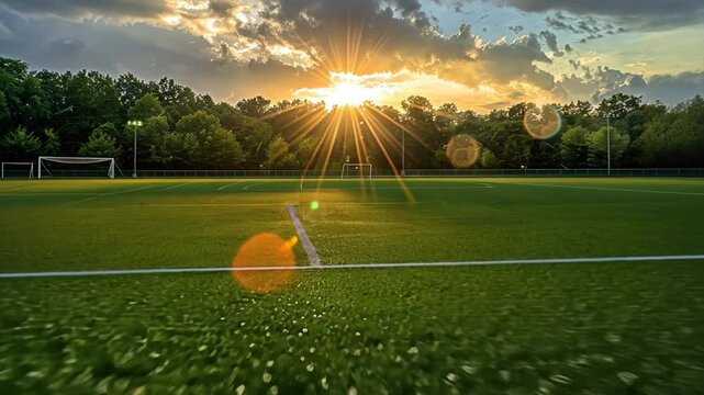 Golden Hour on the Pitch: A panoramic view of a lush green soccer field bathed in the warm glow of the setting sun, capturing the essence of sports and leisure.  The sun's rays pierce through the clou