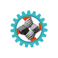 Hands forming gear, symbolizing teamwork and human resources. Effective collaboration. Conceptual...