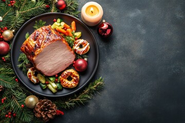 Glazed Ham with Christmas Decorations on a Black Plate