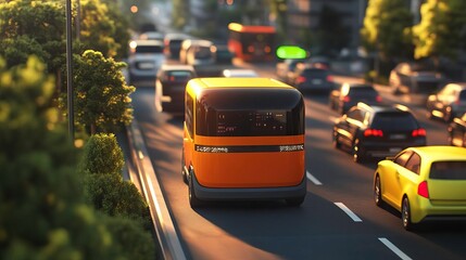 Obraz premium A vibrant urban scene featuring a yellow bus in traffic, showcasing city life and transportation dynamics.