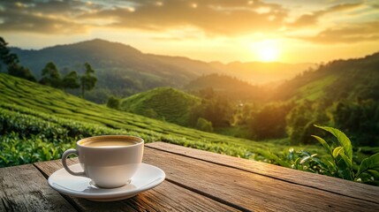 Coffee Cup on Wooden Table Overlooking Tea Plantation at Sunset in Mountain Forest. AI generated illustration