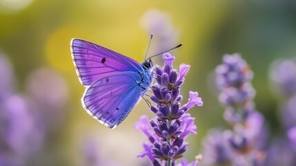 A close-up of a purple butterfly resting on a lavender flower, with blurred greenery in the background