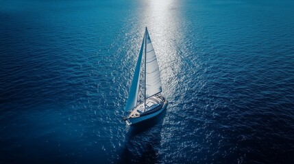 A sailboat with white sails on the open sea, seen from above, is sailing in blue water.