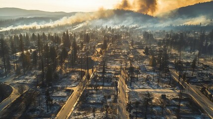 Aerial view of a devastated landscape, showcasing the aftermath of a wildfire. Smoke rises over burned trees and destroyed structures.