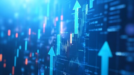 Blue Background with Upward Arrows and Growing Stock Market Graphs. AI generated illustration
