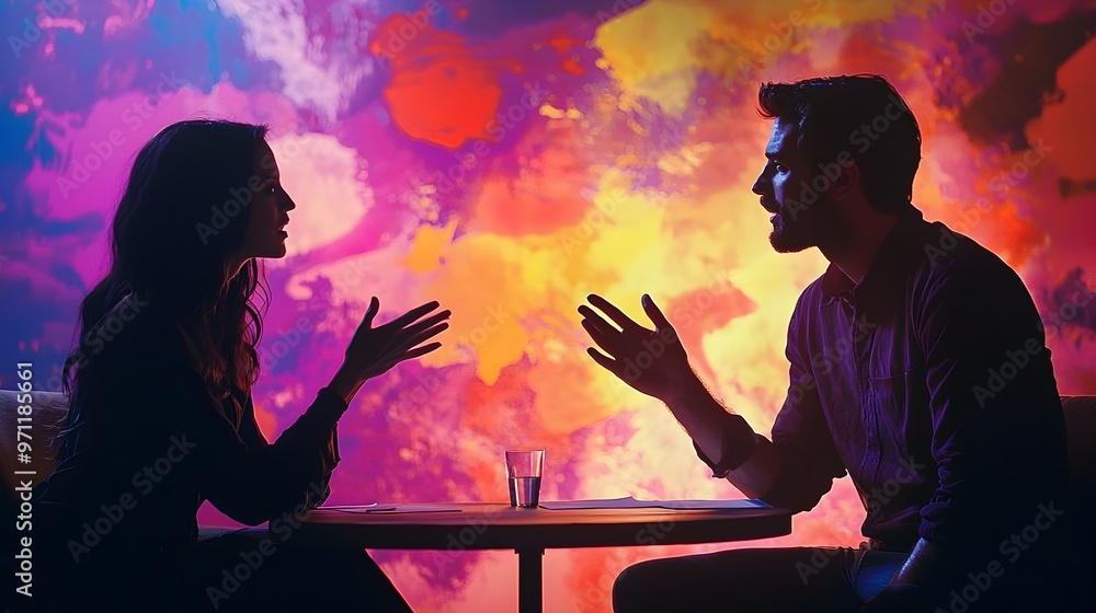 Poster animated hands gesturing during passionate interview discussion with vibrant background
