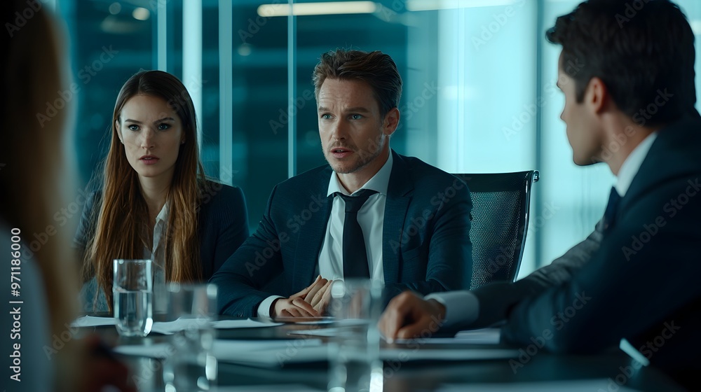 Poster formal job interview with panel of interviewers in modern boardroom setting