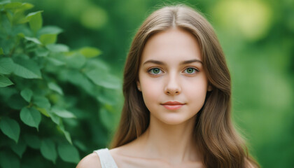 Naklejka premium Portrait visage jeune femme brune fille fond vert nature yeux verts souriante.