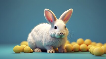 Fototapeta premium white rabbit with easter eggs on pastel blue background