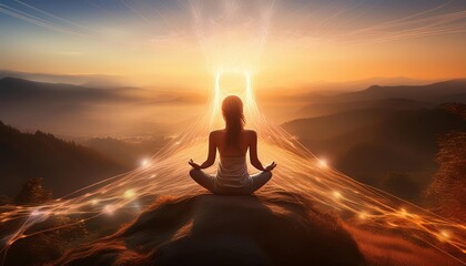Person Meditating on Hilltop Under Radiant Sunrise: Glowing Lines Connecting Mind and Body &ndash; Holistic Well-Being