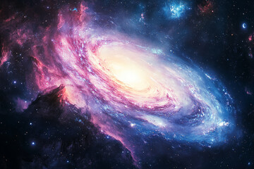 Obraz premium A dynamic galaxy spiraling through space, nebulae glowing in vibrant pinks and blues, with a powerful galactic core radiating energy, distant planets illuminated by cosmic waves.