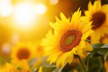 Obraz premium Bright sunflower basking in sunlight, showcasing its vibrant yellow petals and rich brown center, symbolizing warmth and positivity.