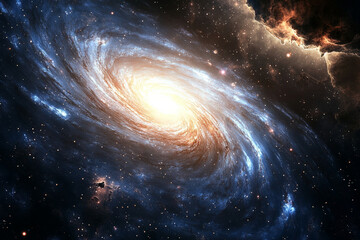 Obraz premium A glowing galaxy swirling in a cosmic ballet of stars and nebula, with a powerful galactic core radiating energy, distant planets caught in its pull, all against the backdrop of deep space.