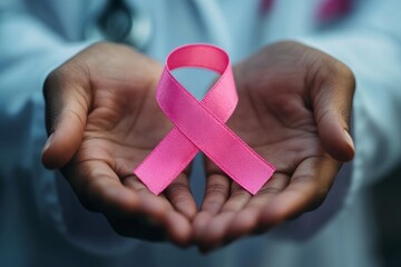 Close-up of a doctor's hands holding a pink ribbon, a symbol of breast cancer awareness.