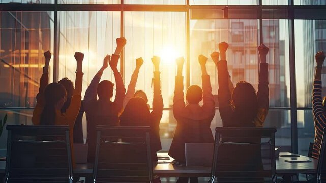 Team Success at Sunset: Silhouettes of a diverse group of business professionals raise their arms in victory against a breathtaking sunset backdrop, symbolizing shared triumph and a bright future.  