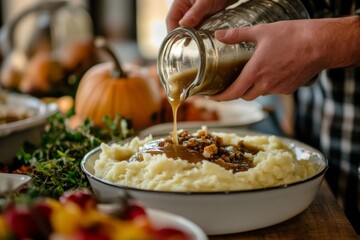 Hand Pouring Gravy Over Mashed Potatoes and Stuffing