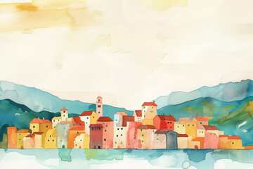 A painting of a town with a blue sky and mountains in the background