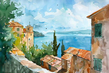 A painting of a town with a blue ocean in the background