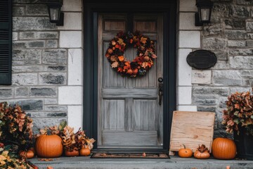 Obraz premium Autumnal Doorway Decor with Pumpkins and Wreath