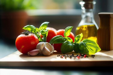 Fresh tomatoes, aromatic basil, garlic, oil, and spices arranged beautifully on a wooden board for culinary inspiration.