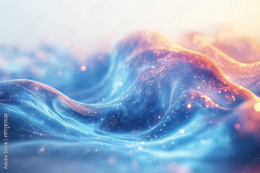 Poster abstract image of flowing blue and orange waves with shimmering particles, creating an ethereal and 